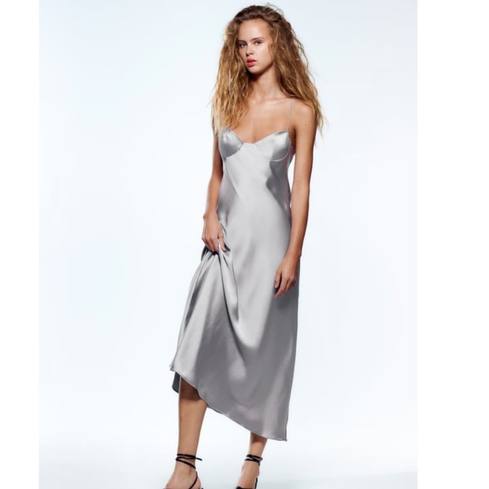 ZARA Satin Effect Cut Out Dress  | NWT | Size S | Gray/Blue